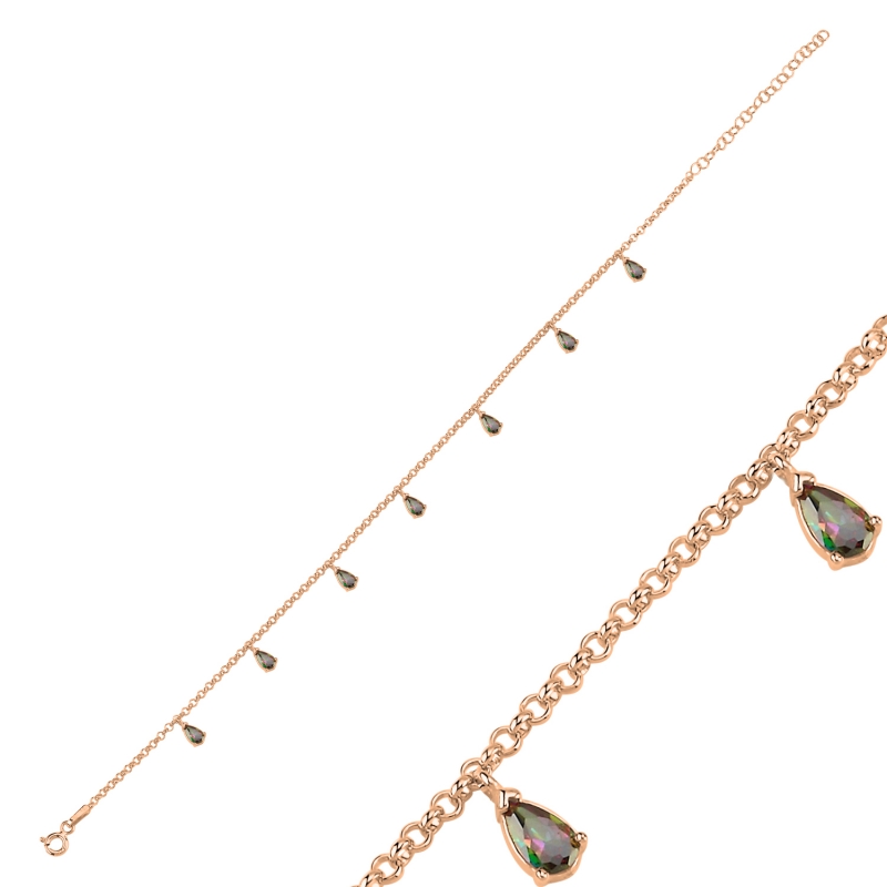 Mystic Topaz CZ Dangle Rolo Chain Charm Anklet - ANK103039