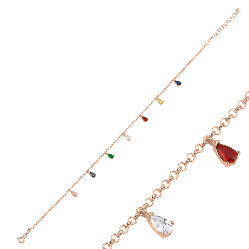 Colored CZ Dangle Rolo Chain Charm Anklet - ANK103040