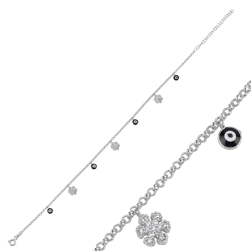 Enamel Eye & CZ Dangle Rolo Chain Charm Anklet - ANK103044