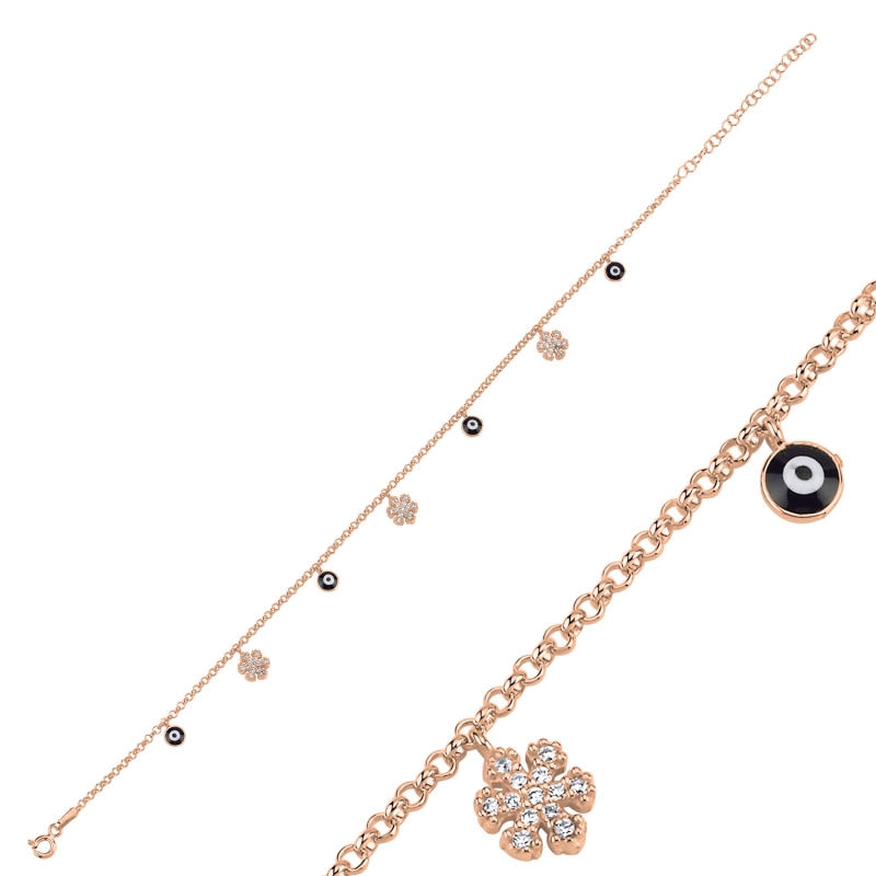 Enamel Eye & CZ Dangle Rolo Chain Charm Anklet - ANK103044