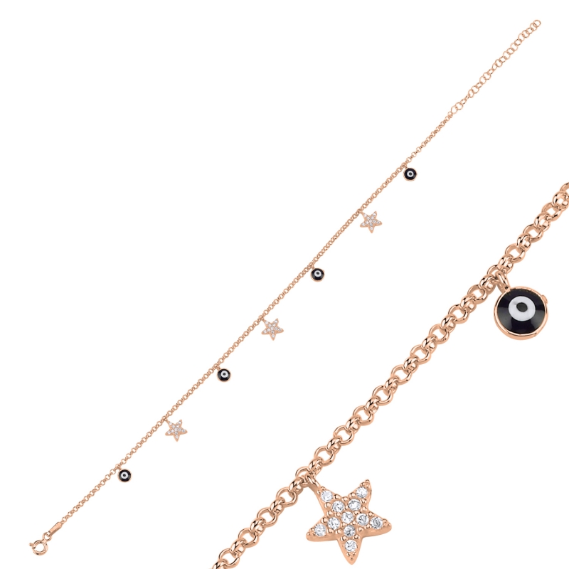 Enamel Eye & CZ Dangle Rolo Chain Charm Anklet - ANK103046