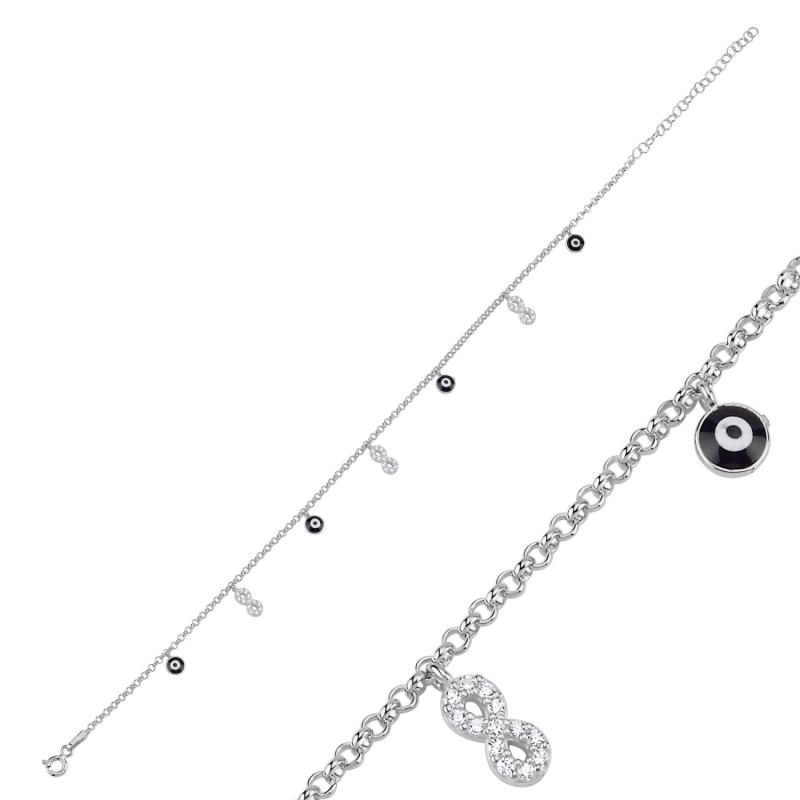 Enamel Eye & CZ Dangle Rolo Chain Charm Anklet - ANK103047
