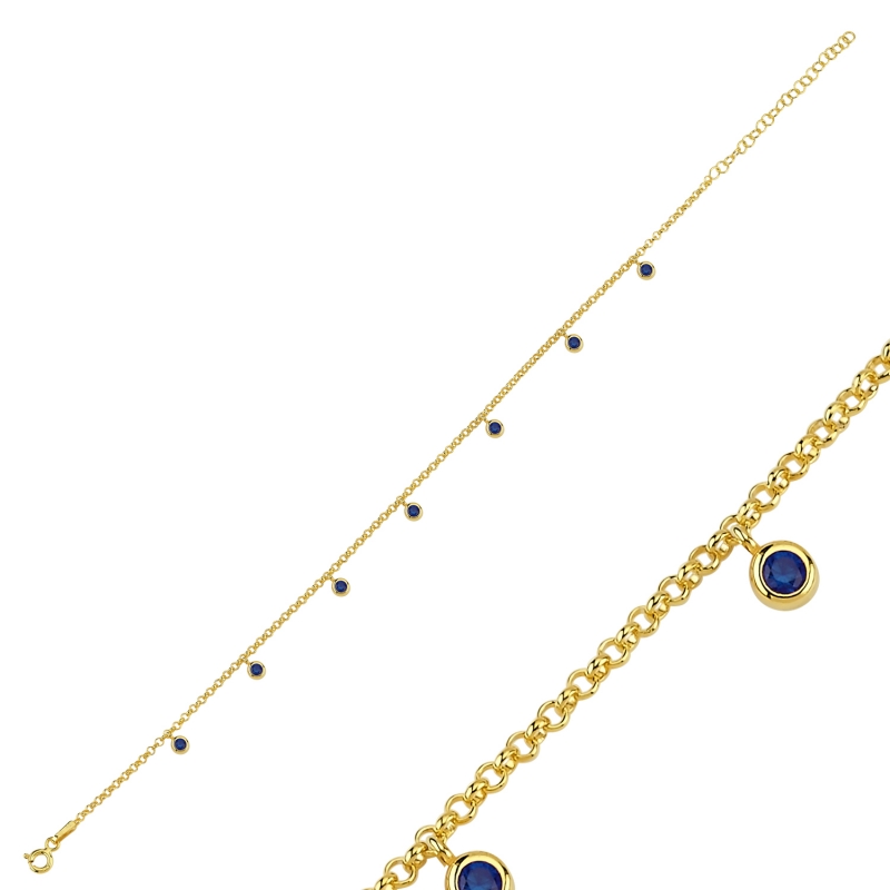Sapphire CZ Dangle Rolo Chain Charm Bracelet - B103052