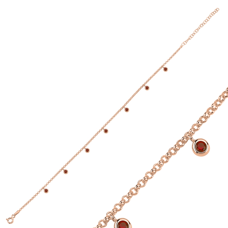 Garnet CZ Dangle Rolo Chain Charm Bracelet - B103053
