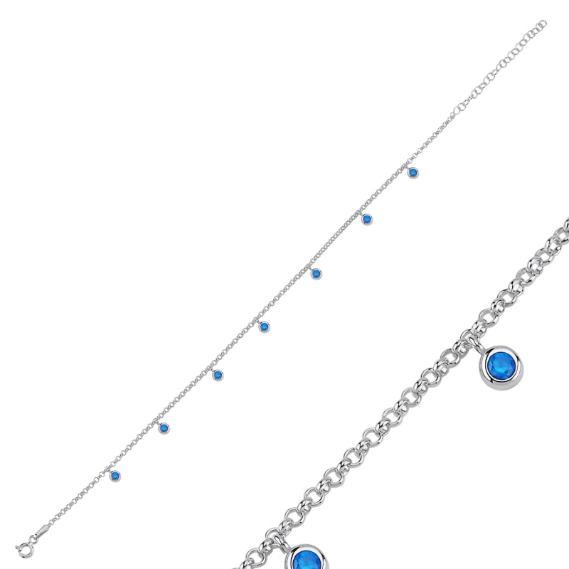 Aquamarine CZ Dangle Rolo Chain Charm Bracelet - B103054