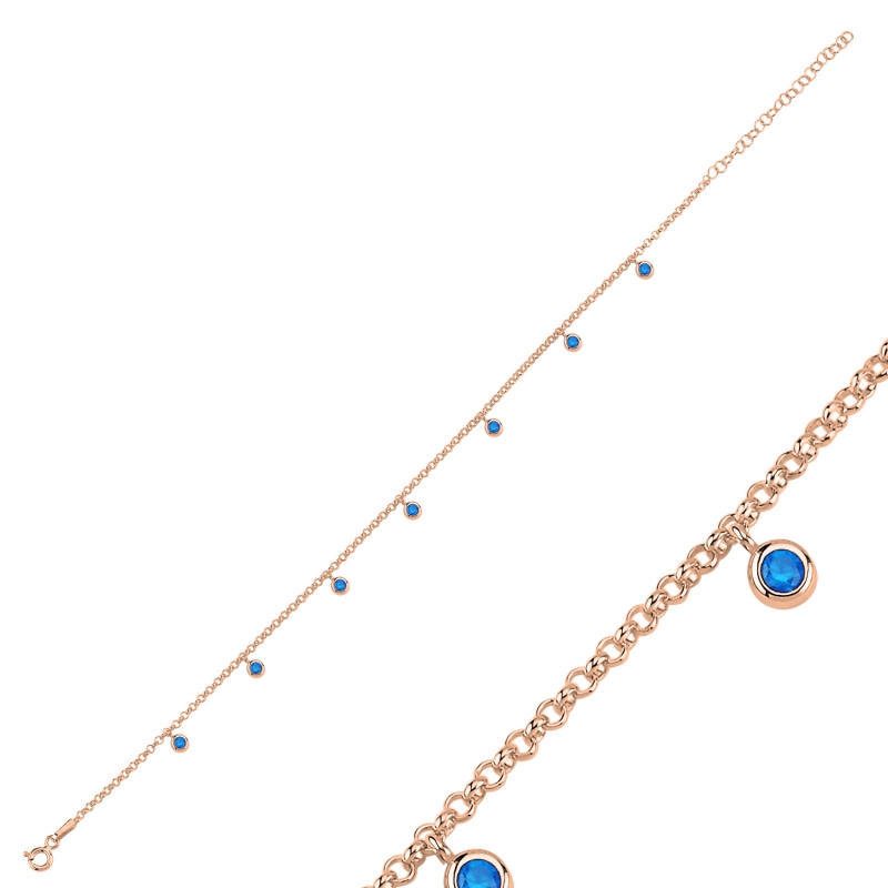 Aquamarine CZ Dangle Rolo Chain Charm Bracelet - B103054
