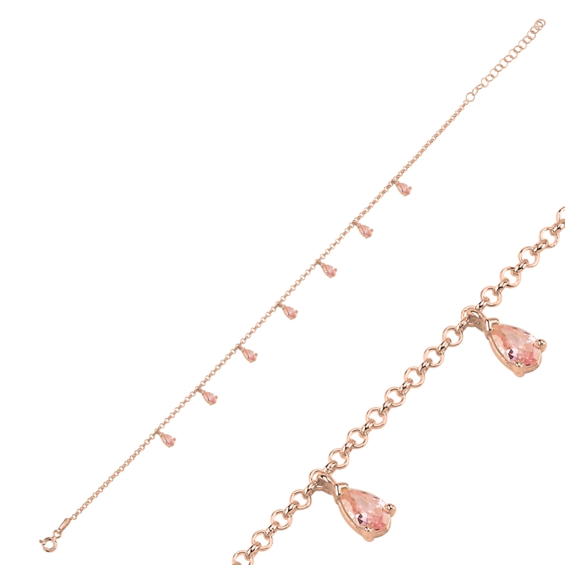 Pink CZ Dangle Rolo Chain Charm Bracelet - B103057