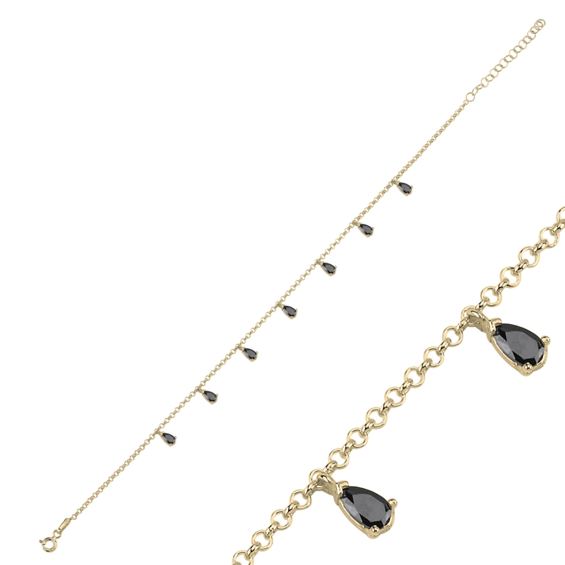 Black CZ Dangle Rolo Chain Charm Bracelet - B103058