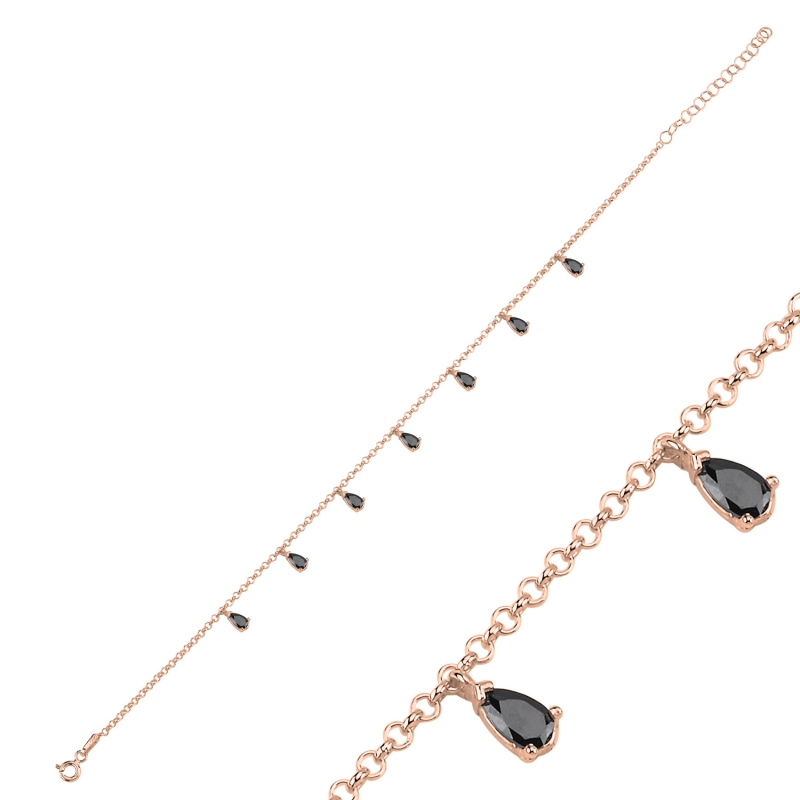 Black CZ Dangle Rolo Chain Charm Bracelet - B103058