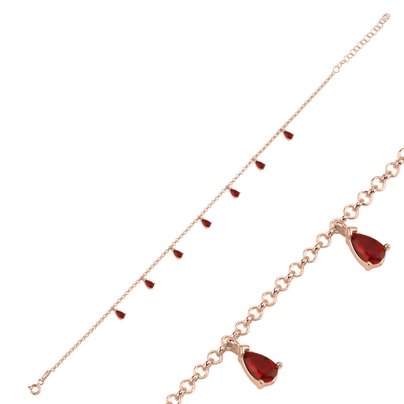 Garnet CZ Dangle Rolo Chain Charm Bracelet - B103059