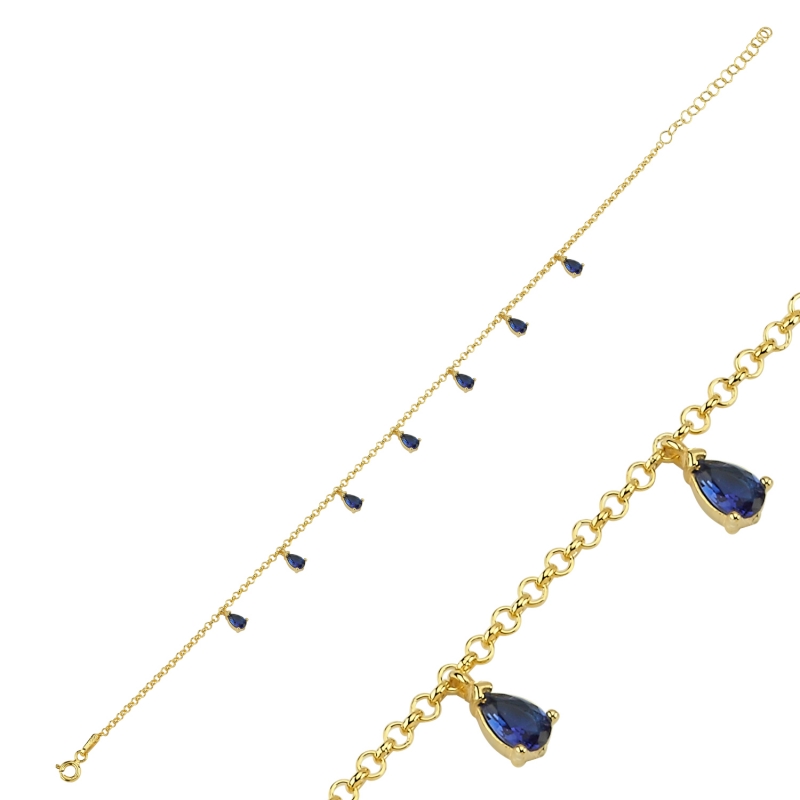 Sapphire CZ Dangle Rolo Chain Charm Bracelet - B103060