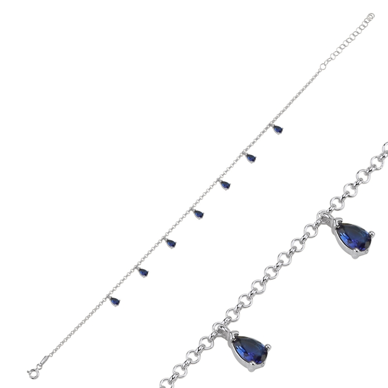 Sapphire CZ Dangle Rolo Chain Charm Bracelet - B103060