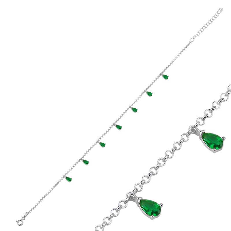 Emerald CZ Dangle Rolo Chain Charm Bracelet - B103061