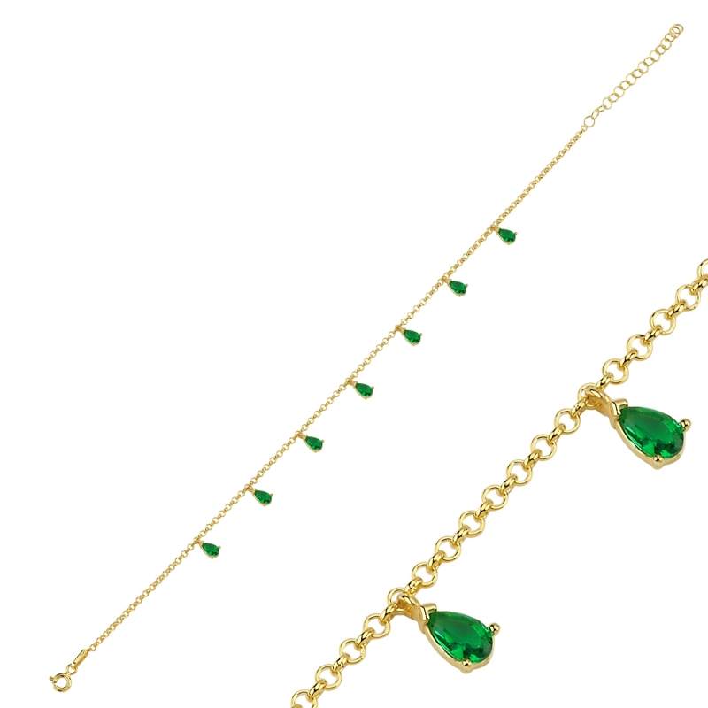 Emerald CZ Dangle Rolo Chain Charm Bracelet - B103061
