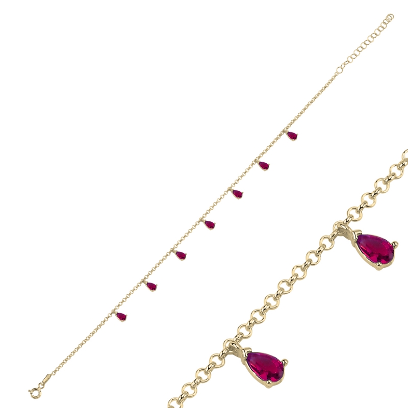 Ruby CZ Dangle Rolo Chain Charm Bracelet - B103062