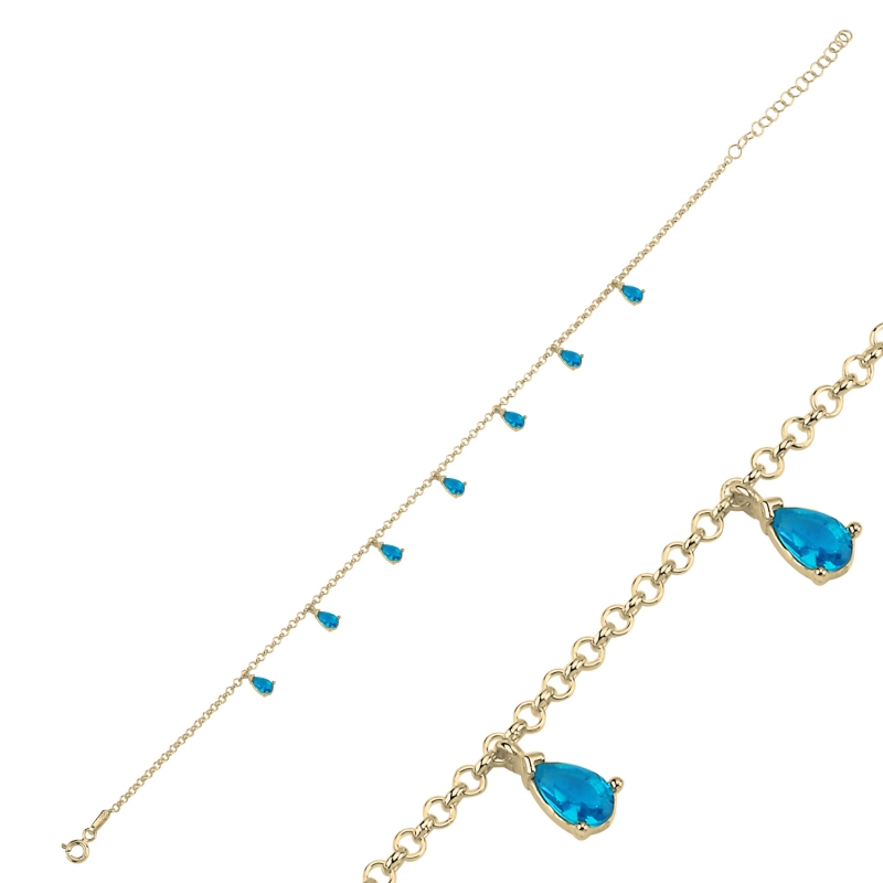 Aquamarine CZ Dangle Rolo Chain Charm Bracelet - B103063