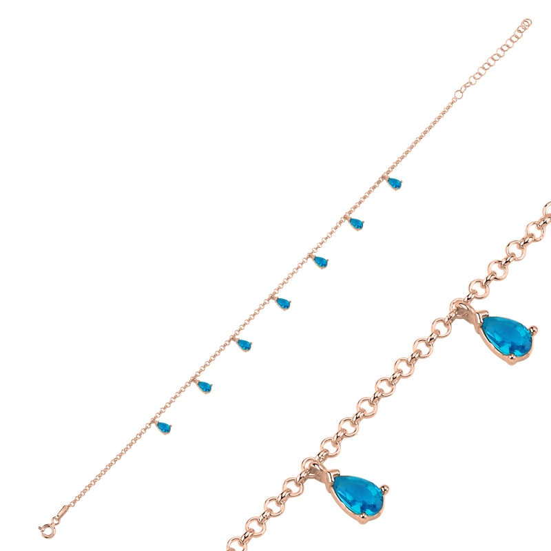 Aquamarine CZ Dangle Rolo Chain Charm Bracelet - B103063