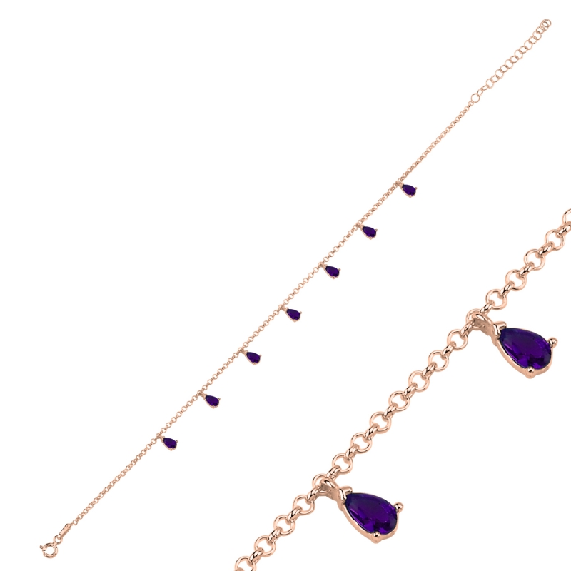 Amethyst CZ Dangle Rolo Chain Charm Bracelet - B103064