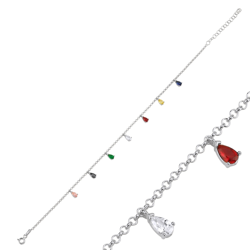 Colored CZ Dangle Rolo Chain Charm Bracelet - B103068