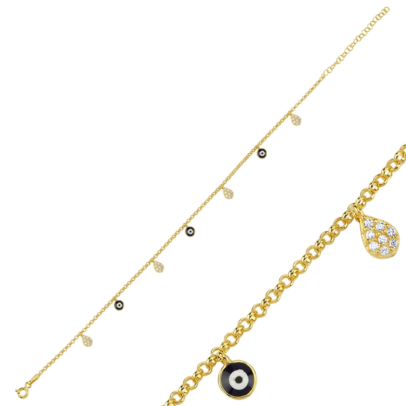 Enamel Eye & CZ Dangle Rolo Chain Charm Bracelet - B103069