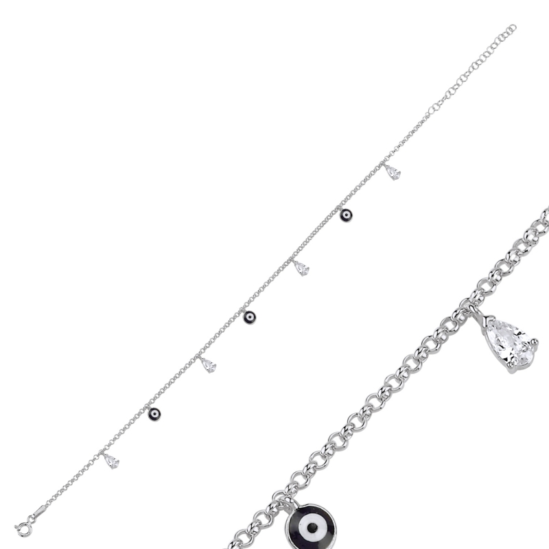 Enamel Eye & CZ Dangle Rolo Chain Charm Bracelet - B103070