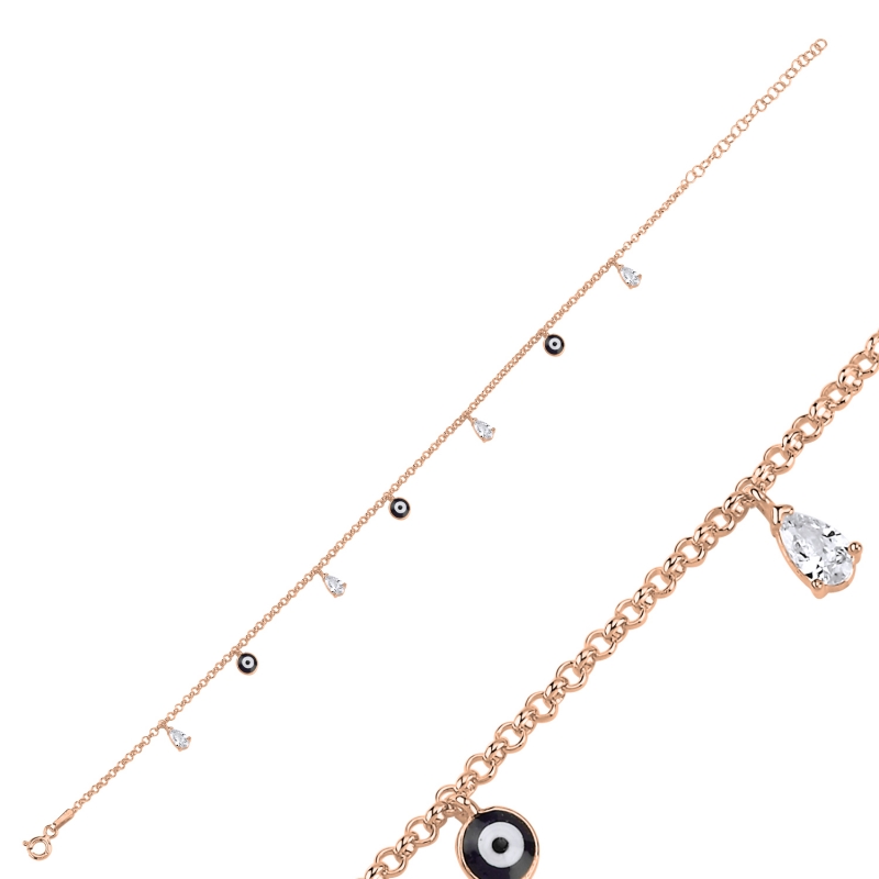 Enamel Eye & CZ Dangle Rolo Chain Charm Bracelet - B103070