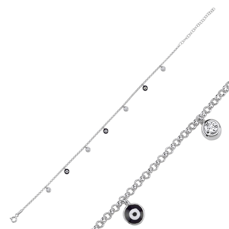 Enamel Eye & CZ Dangle Rolo Chain Charm Bracelet - B103071