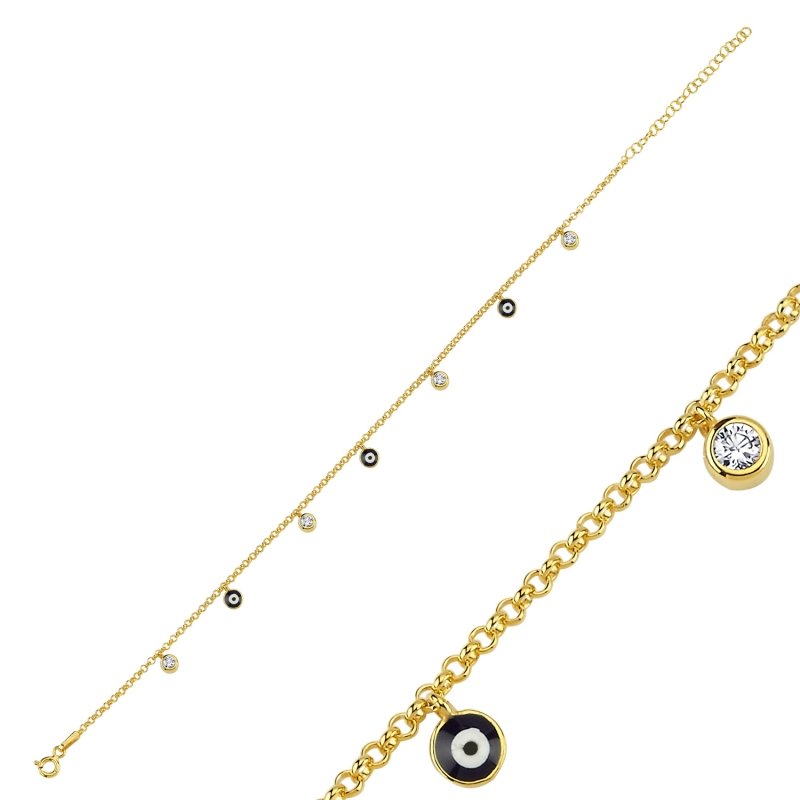 Enamel Eye & CZ Dangle Rolo Chain Charm Bracelet - B103071