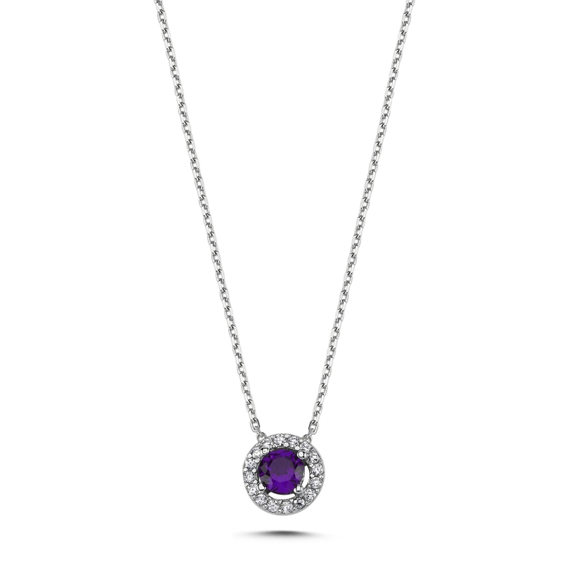 Round Colored CZ Solitaire Halo Necklace - N103205
