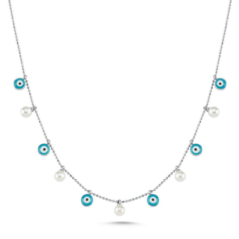 Round Pearl & Enamel Evil Eye Dangle Charm Necklace - N103538