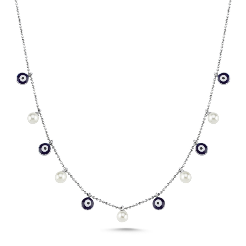 Round Pearl & Enamel Evil Eye Dangle Charm Necklace - N103539