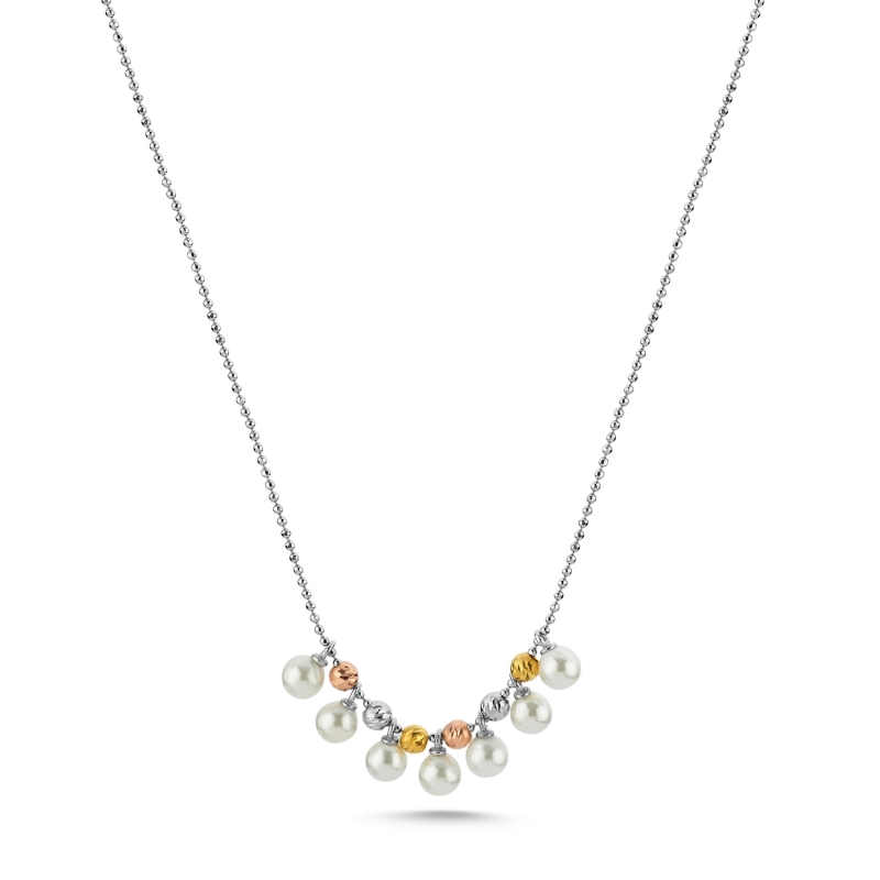Diamond Cut Tricolor Ball & Pearl Necklace - N103551