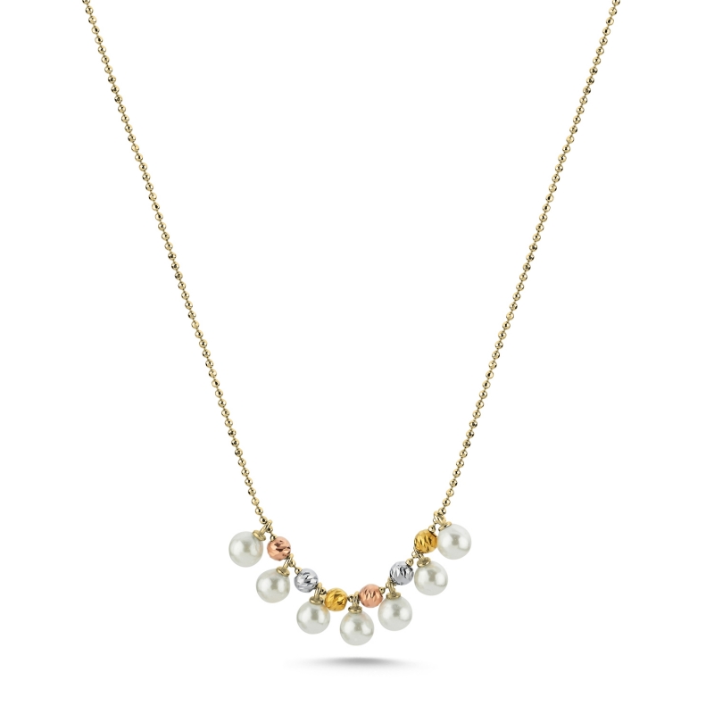 Diamond Cut Tricolor Ball & Pearl Necklace - N103551