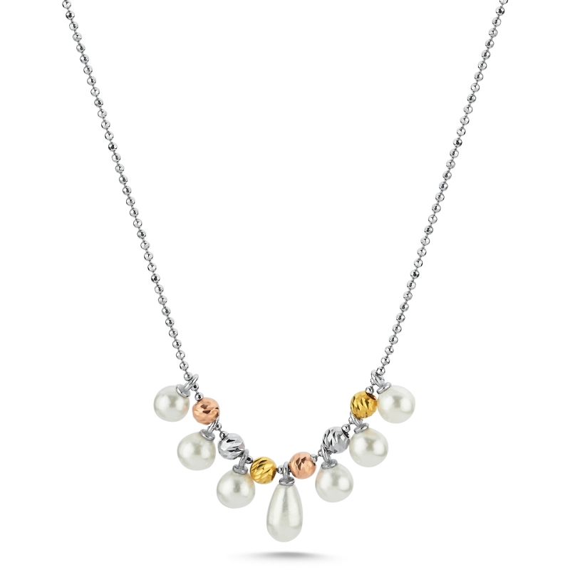 Diamond Cut Tricolor Ball & Pearl Necklace - N103552
