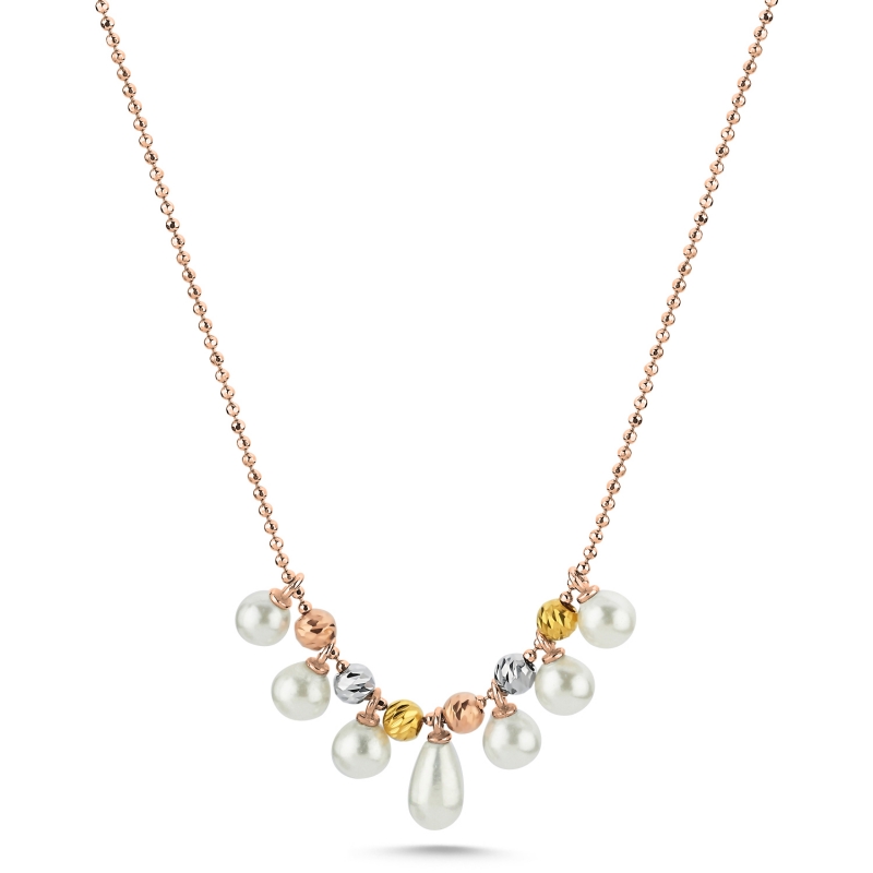 Diamond Cut Tricolor Ball & Pearl Necklace - N103552