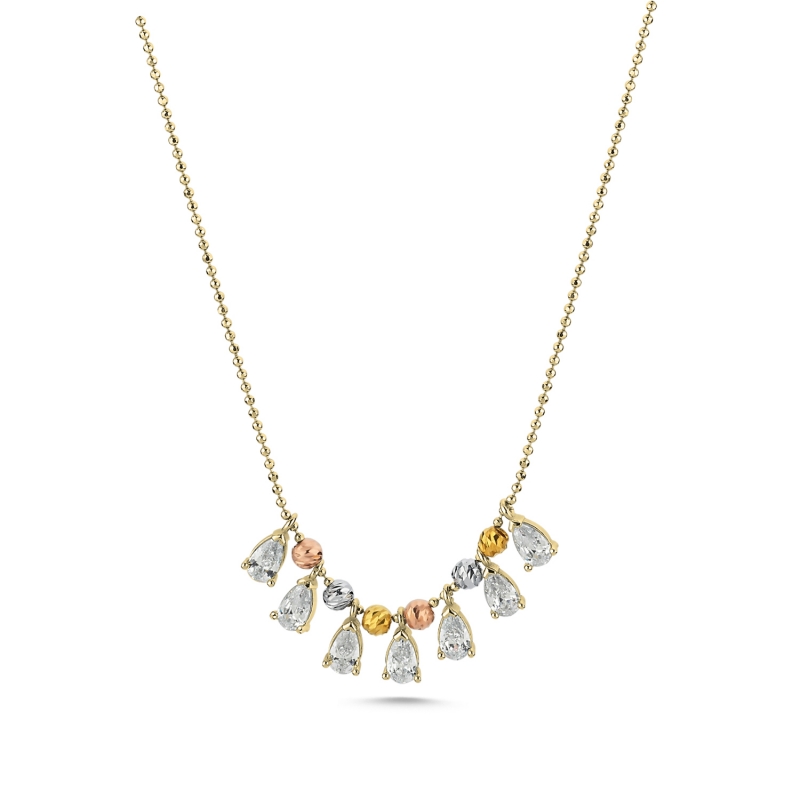Diamond Cut Tricolor Ball & CZ Necklace - N103554