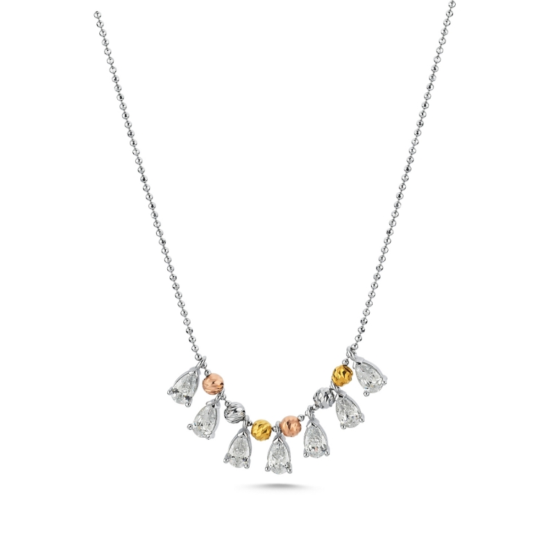 Diamond Cut Tricolor Ball & CZ Necklace - N103554