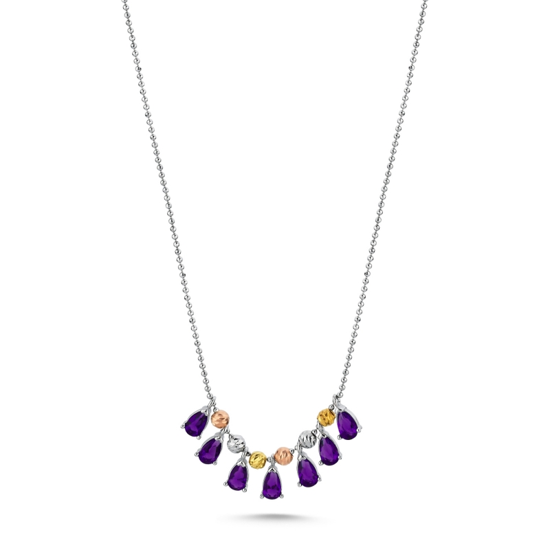 Diamond Cut Tricolor Ball & Colored CZ Necklace - N103555