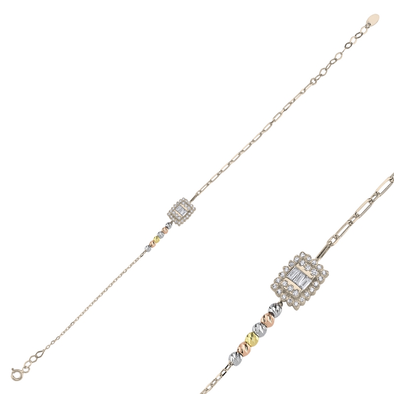 Diamond Cut Tricolor Ball With CZ Bracelet - B103597