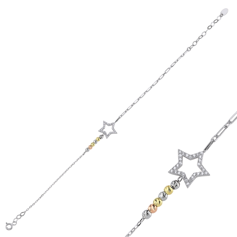 Diamond Cut Tricolor Ball & Star CZ Bracelet - B103599