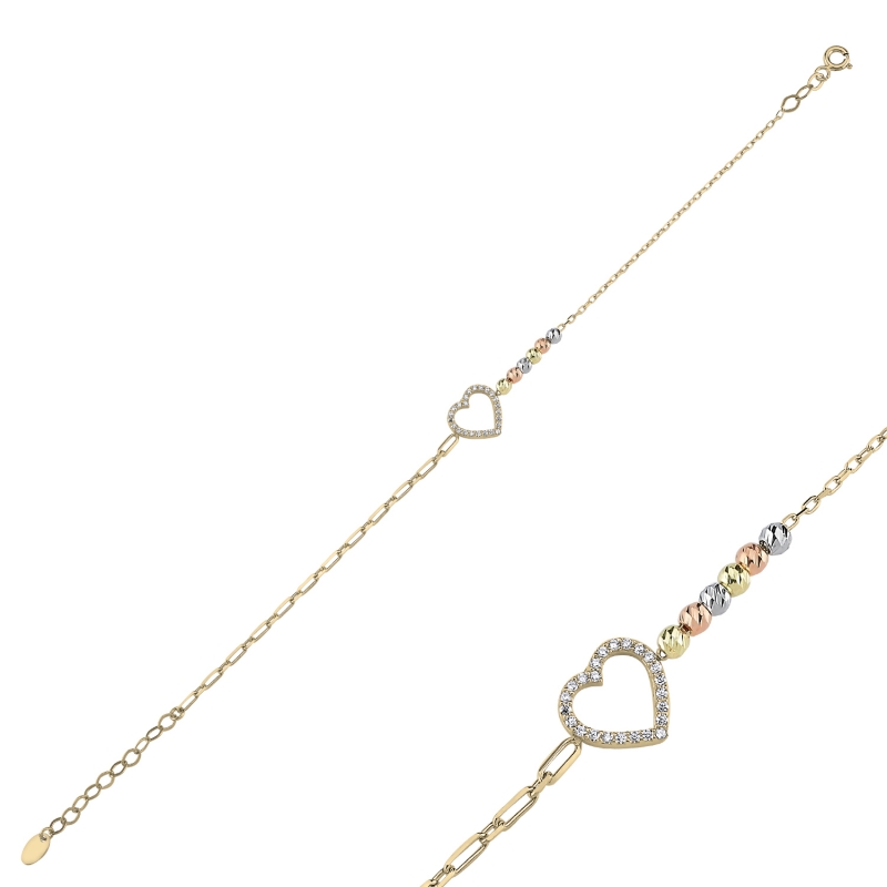 Diamond Cut Tricolor Ball & Heart CZ Bracelet - B103600