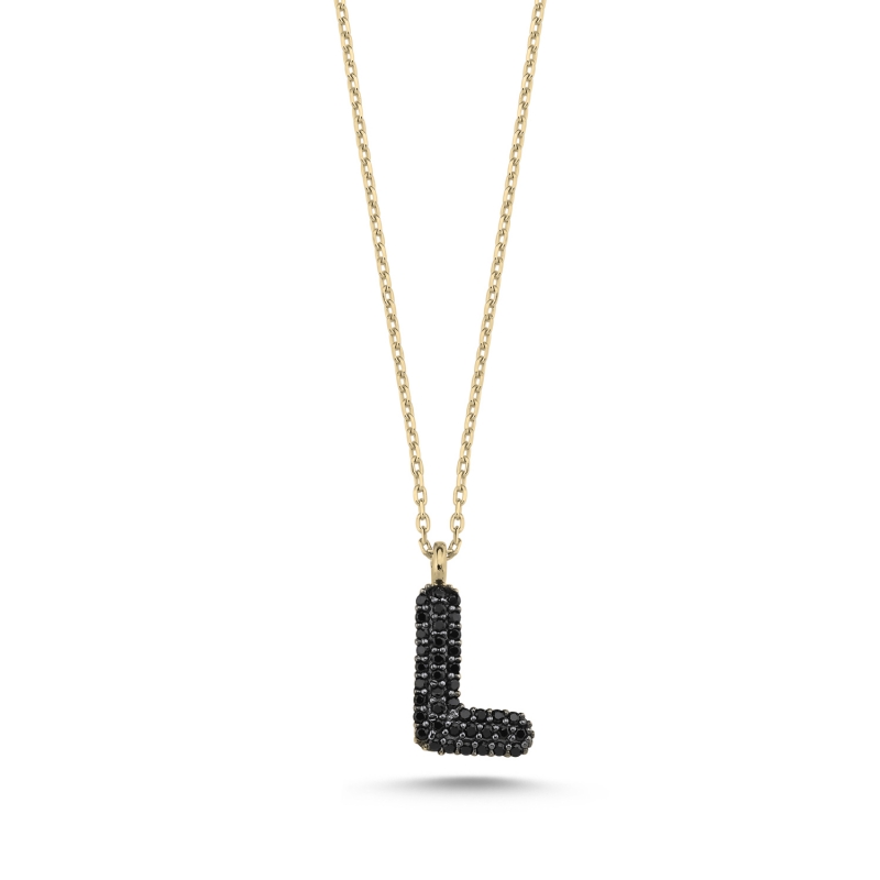 -L- Initial Black CZ Necklace - N103909