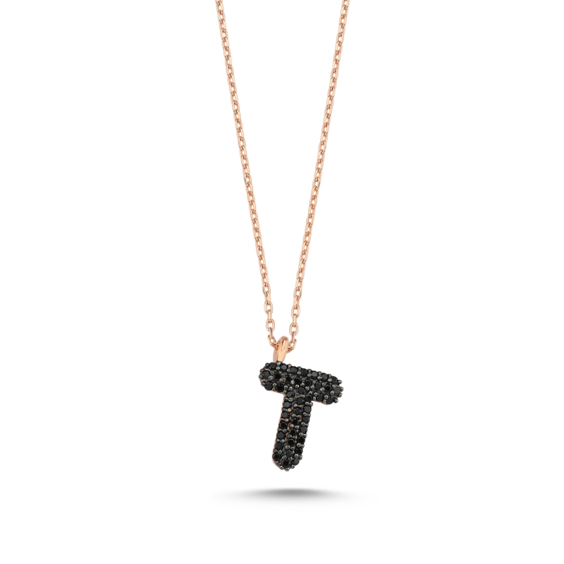 -T- Initial Black CZ Necklace - N103916