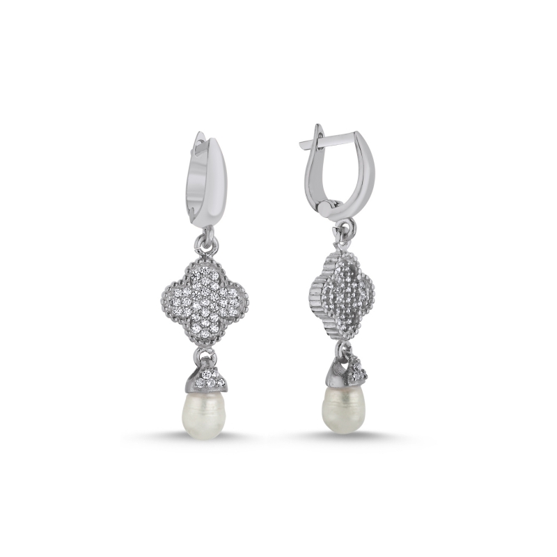 Pearl & CZ Quatrefoil Huggie Hoop Earrings - E104147