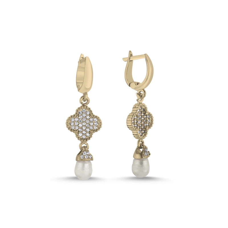 Pearl & CZ Quatrefoil Huggie Hoop Earrings - E104147