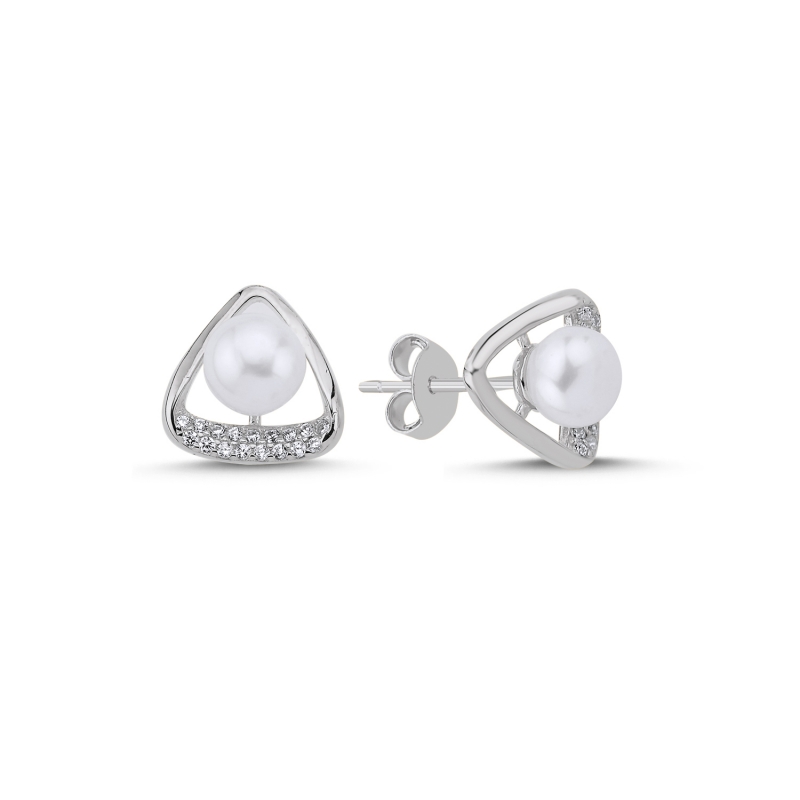 Pearl & CZ Triangle Stud Earrings - E104579