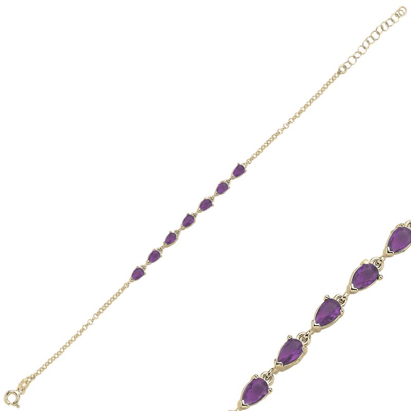 Amethyst Teardrop & CZ Rolo Chain Bracelet - B105933
