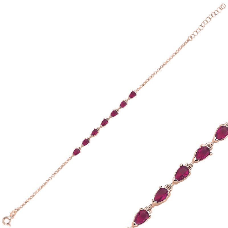 Ruby Teardrop & CZ Rolo Chain Bracelet - B106067