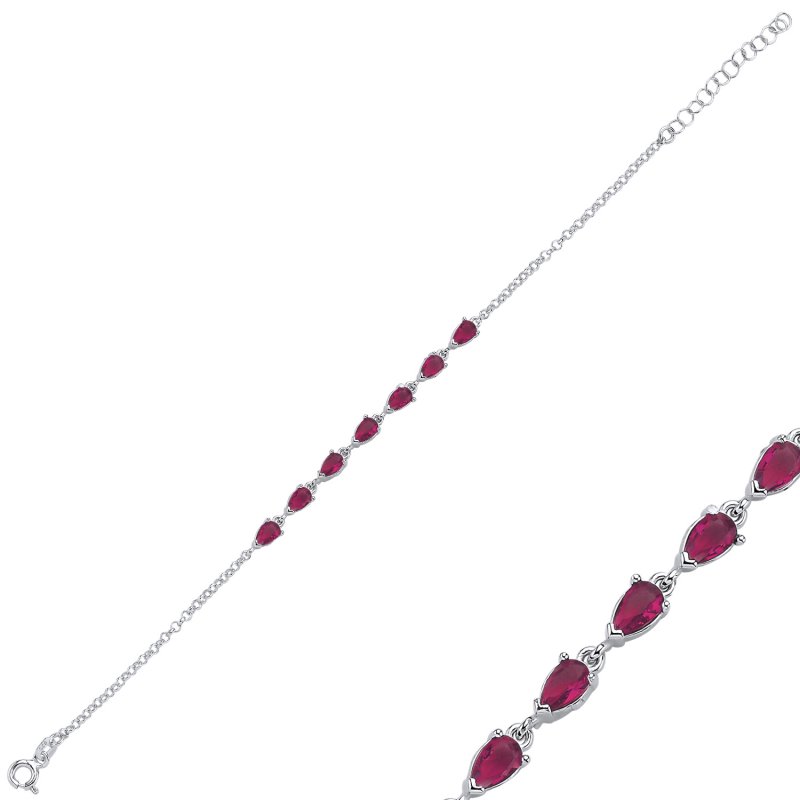 Ruby Teardrop & CZ Rolo Chain Bracelet - B106067