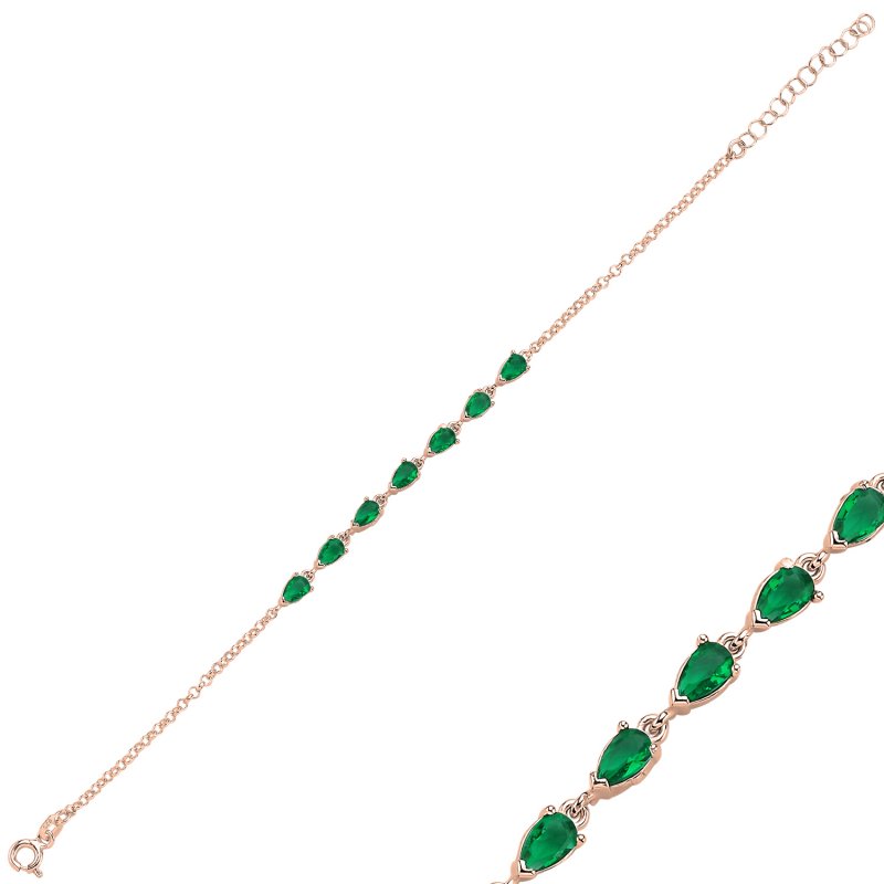 Emerald Teardrop & CZ Rolo Chain Bracelet - B106068